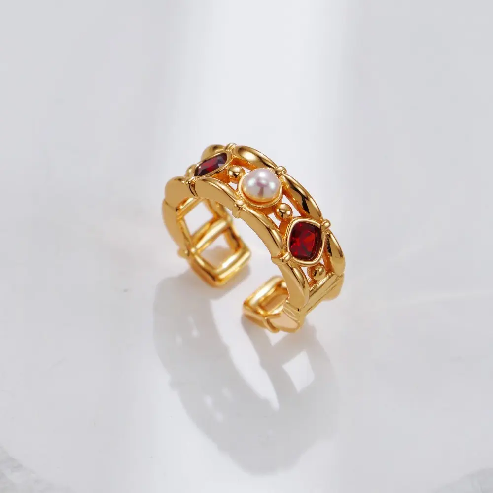 S925 Sterling Silver Jewelry Set Natural Ruby Pearl Necklace Earrings Ring Vintage Gold Plated Matching Jewellery for Women