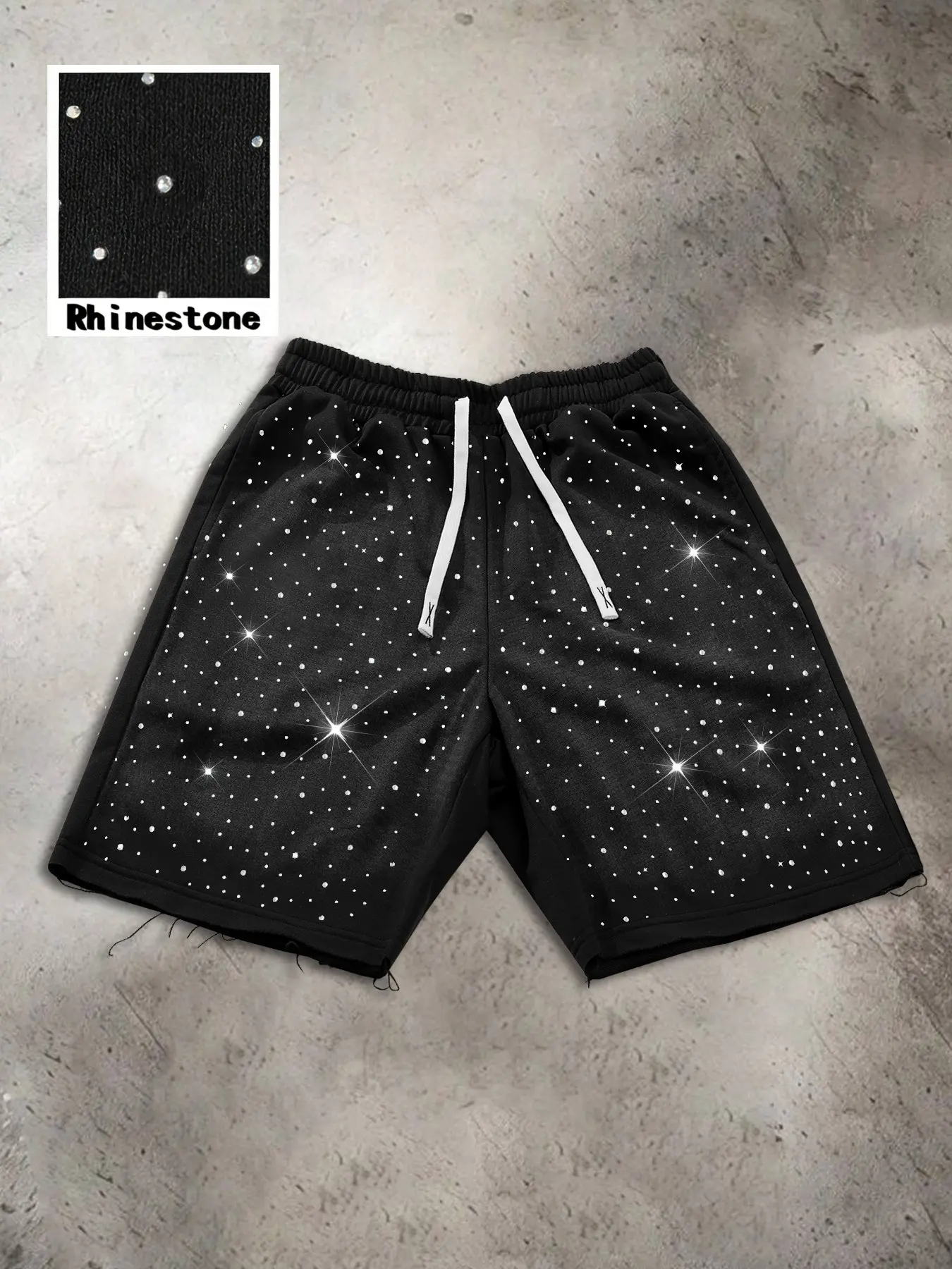 Men's Casual Drawstring Waist Shorts, Rhinestone Design, Loose Fit, Soft Breathable Fabric, Street Style, Summer Daily Wear, Print, Chic Casual Shorts, Drawstrings Shorts