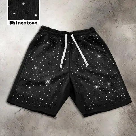 Men's Casual Drawstring Waist Shorts, Rhinestone Design, Loose Fit, Soft Breathable Fabric, Street Style, Summer Daily Wear, Print, Chic Casual Shorts, Drawstrings Shorts