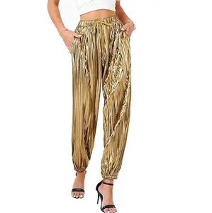 Women's Metallic Pleated Sequin Shiny Joggers Pants Party Club Wear Sweatpant Y2K Streetwear Gold Silver Night Evening Trouser