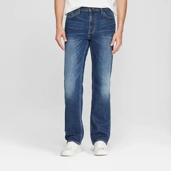 Goodfellow & Co Men’s Mid Rise Straight Fit Blue Garment Jeans, Classic Menswear Polyester Fabric, Stretch Pocket Design with Belt, Traditional Look