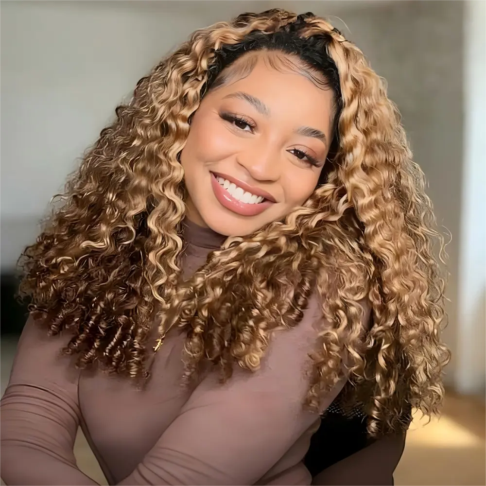 [WEAR GO HALF WIG]Anyweek Highlight Burmese Curly Half Wig Human Hair 200% Density Wear Go InvisiFit Strap Flip Over Glueless Half Wig Natural Curly Wig for Black Women