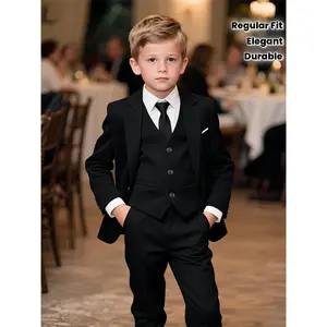 4pcs Boys' Elegant Black Formal Suit with Jacket, Waistcoat, Pants & Tie - Long Sleeve, Lapel Collar, Non-Stretch Fabric, Regular Fit for Weddings, Parties, And Formal Occasions, Wedding Attire, Party Attire, Classic Style, Durable Material