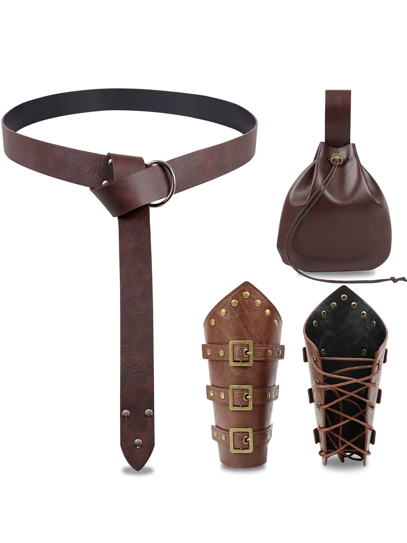 4PCS Medieval Belt Pouch Leather Arm Bracers for Renaissance Viking Faire Larp Halloween Cosplay Costume Accessory Multiple Accessories Costume Set