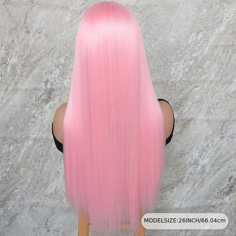 Glueless Pastel Pink Straight Lace Front Wig Long Silky Synthetic Hair Wigs with Natural Baby Hair for Women Cosplay Party Daily Wear