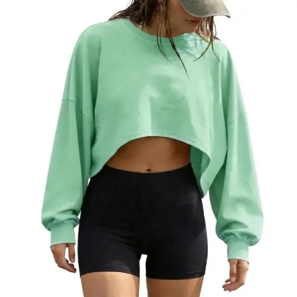 Fisoew Women's Crew Neck Drop Shoulder Crop Sweatshirt, Puff Lantern Long Sleeve Loose Oversized Cropped Long Sleeve Top