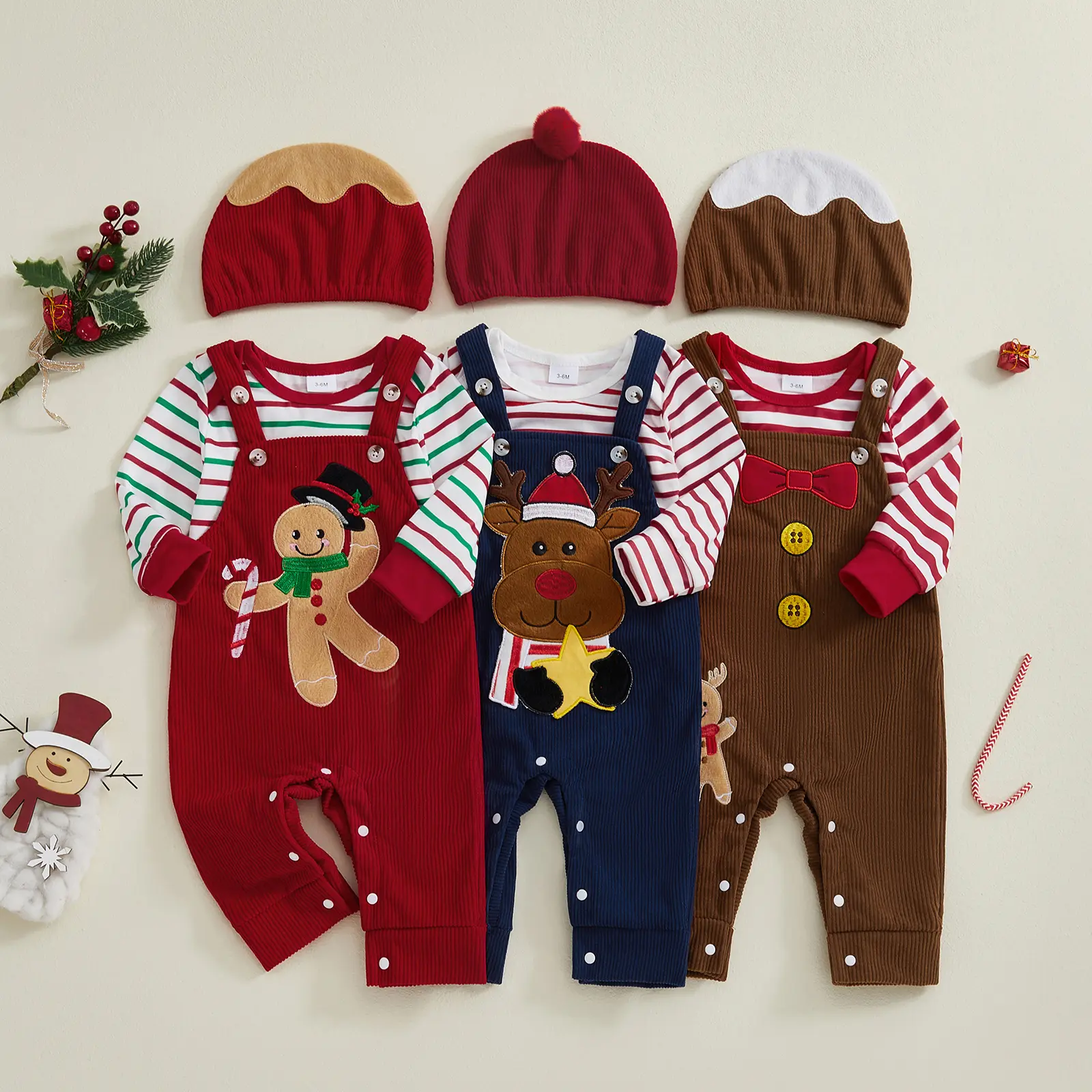 Infant Baby Boy Christmas Stripe Print Long Sleeve Romper Gingerbread Man Embroidery Overall Pants and Hat Outfit 0-18 Months