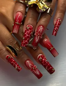 Red Floral Fall Press On Nails | 3D Flower & Gold Bead Nail Art | Glamorous Handmade Coffin Nails | Statement Red Luxury Press Ons | DC760H