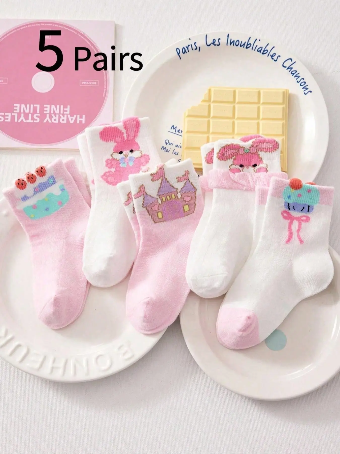 Girls' Crew Socks Set, Thin Korean Style Trendy Comfortable Soft Cute Cartoon Rabbit Bow Knee High Socks for Daily Wear
