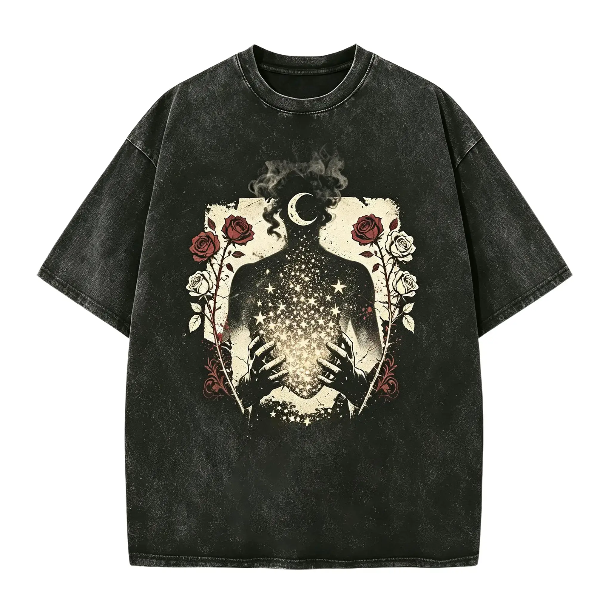 Men's Short-Sleeve Grunge-Style Retro Washed T-Shirt - Menswear Top for 90s Rock Enthusiasts, Symbolizing Embracing Personal Beauty Amidst Thorns and Roses