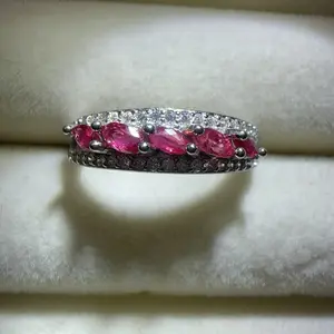 <PingEast jewelry > Ruby ring306----925 sterling silver band ring set with 5 marquise-cut natural rubies
