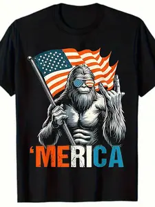 Men's Patriotic Bigfoot 'merica Print T-Shirt, American Flag Design, Vintage Look, Soft Cotton Casual Short Sleeve, Independence Day BBQ Wear