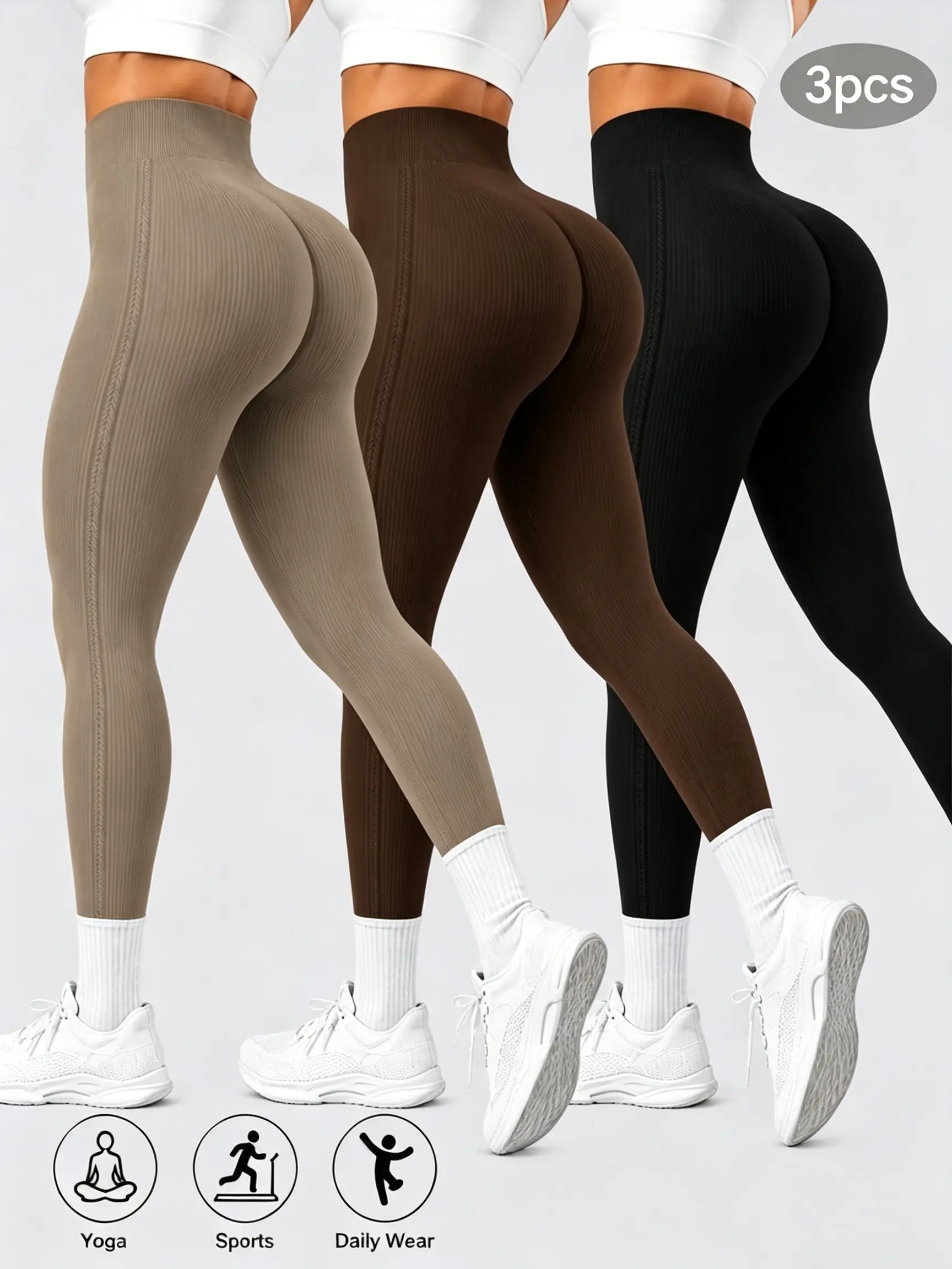 Women’s 3 Pack High Waist Yoga Leggings, Rib-Knit Seamless Stretch Workout Pants, Soft Long Activewear Leggings for Running, Gym & Daily Wear