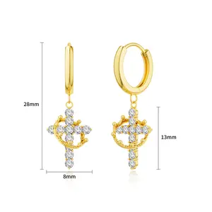 Tewiky Crown Cross Earrings for Women Dainty CZ Cross Pendant Earrings Hypoallergenic Non Tarnish Earrings Trendy Jewelry Christian Gift for Girls