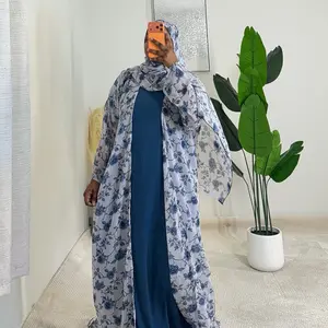 Elegant Floral Print Kimono & Blue Maxi Dress Set for Women - 3pcs Abaya Available - Perfect for Special Occasions