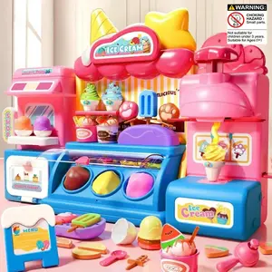 Kids DIY Ice Cream Maker Toy Set Kitchen Pretend Play Set with Lights & Music, Includes 6 Colorful Clay Strips, Ideal Birthday Gift for Children