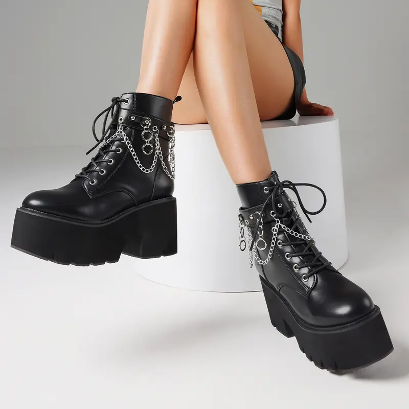 CYNLLIO Womens Chain Platform Boots Lace Up & Zipper Chunky Heel Black Combat Ankle Booties Fashion Studded Motorcycle Fall Winter Boots