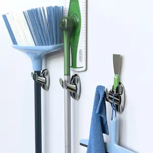 NEATERLY Heavy Duty Adhesive Mop and Broom Organizer with All in One Clamp Double Hook Holder and Bubble Level for Kitchen Garage Laundry Room