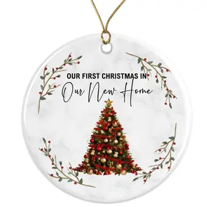Our First Christmas New Home Ornament - Housewarming Holiday Decoration - First Home Christmas Tree Keepsake - New Home Gift Ceramic Ornament -  - 3 Inch Christmas Tree Round Ornament - Xmas Holiday Decor - String Included - ORNW0302