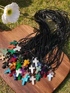 20 Piece Set Multicolor Cross Synthetic Gemstone Pendants, Faux Leather Cord Chains, Ideal for DIY Necklace Bracelet Earring Making