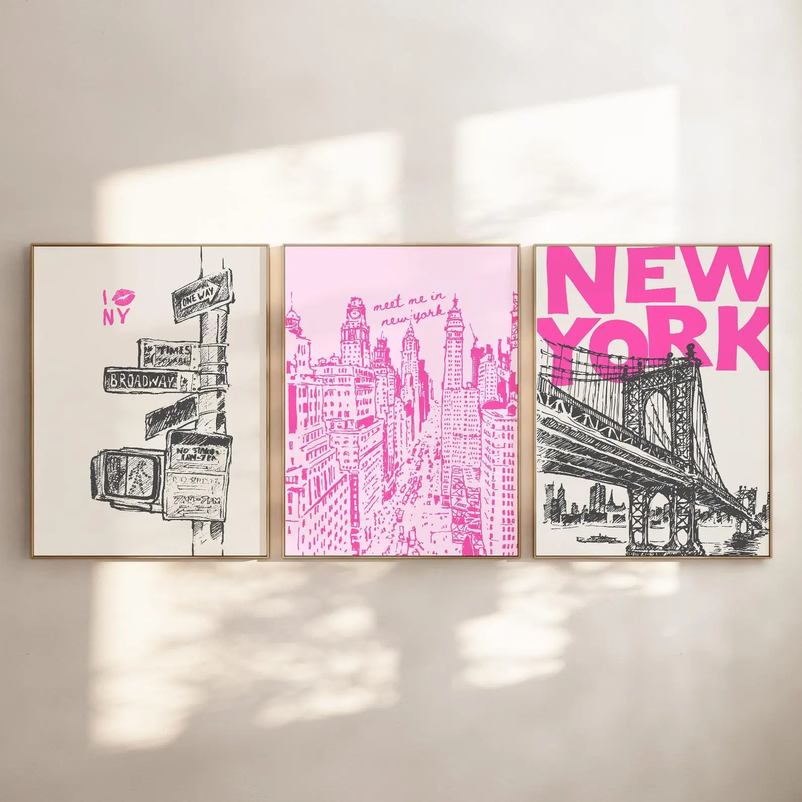 New York City Print Set, Trendy Pink Travel Set of 3, Retro NYC Posters