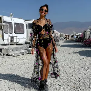 Women's Lightweight Cardigan with Sequin Star Embroidery Long Flared Sleeves Sheer See Through Bathing Suit Cover Up Bikini Beachwear Swimsuit for Burning Man & Raves