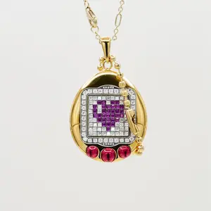 18K Gold Filled Pet Egg Pendant with Moissanites and Gemstones on Ball Chain