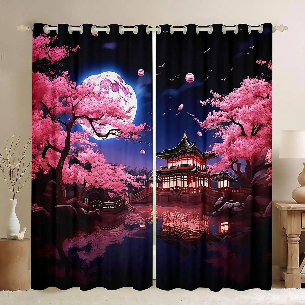 Pink Cherry Blossoms Window Curtain,Japanese Style Building View Curtains Women Men Bedroom Decor,Night Moon Blackout Window Treatment Romantic Window Drapes,2 Panels