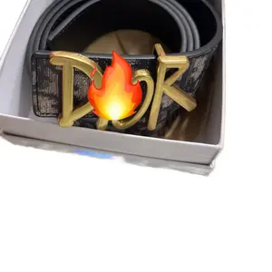 Designer Belt with Gold Color Logo and Flame Design for Men's Fashion