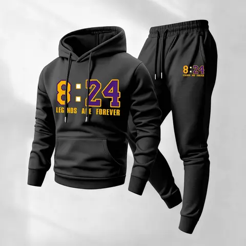 Men's 2-Piece Knitting Sweat Suit Set, Sporty Style Outfits with Casual Letter Print Long Sleeve Hoodie & Drawstring Baggy Pants, Loose-Fitting Polyester Training Workout Gym Clothing