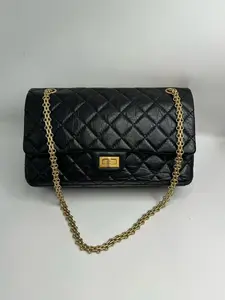 Pre-owned CHANEL 2.55 Black&Gold Calf Skin Medium 18 Series Size:28x17cm