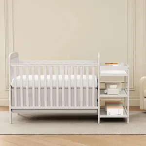 Baby Crib 3-in-1 Convertible Wood Full Size Cribs with Storage Changing Table Combo for Nursery Furniture Newborn Baby Essential Items 3 Mattress Height Settings