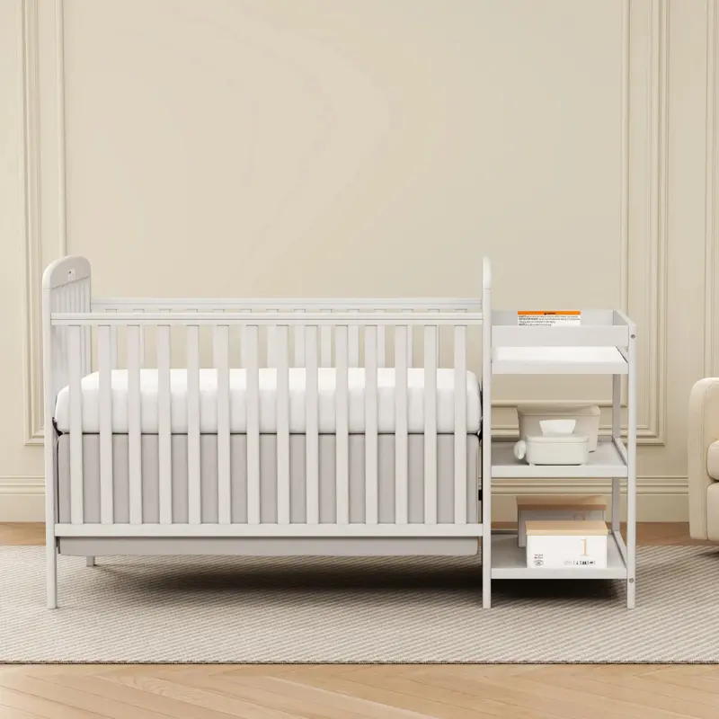 3-in-1 Convertible Wood Full Size Crib with Storage Changing Table Combo, Crib for Infant, 3 Mattress Height Settings, Open Shelves, Essential Newborn Nursery Furniture