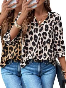 Women's Leopard Print Lapel Neck Blouse, Casual Classy Top, Casual Fashion Puff Sleeve Top for Daily Wear, Ladies Clothes for All Seasons, Casual Comfy Shirt