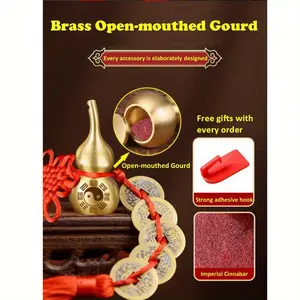 Graduation/New Home/Move-In Gift - 5 Emperor Coins Feng Shui Amulet with Brass Gourd, Wealth & Protection Charm, Includes Hooks & Vermilion Powder, Chinese New Year Ornament for Dorm/Rental Home Decor