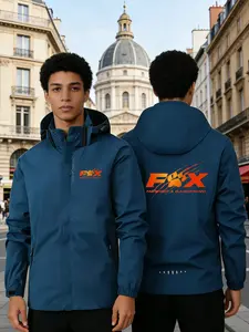 Men's Hooded Outdoor Jacket with Fox Pattern, Zipper Pockets, Detachable Hat, Breathable Durable, Casual Spring Fall Outerwear