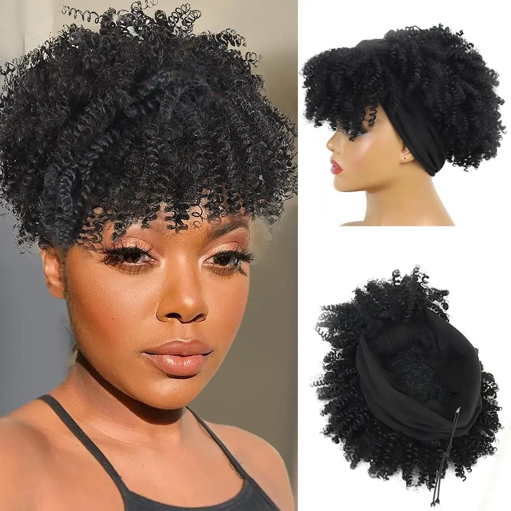Short Small Curl Headscarf Wig Synthetic Fiber Fluffy African-Style Curls 8-Inch High Curls with Scarf Headband Wig Women's Style