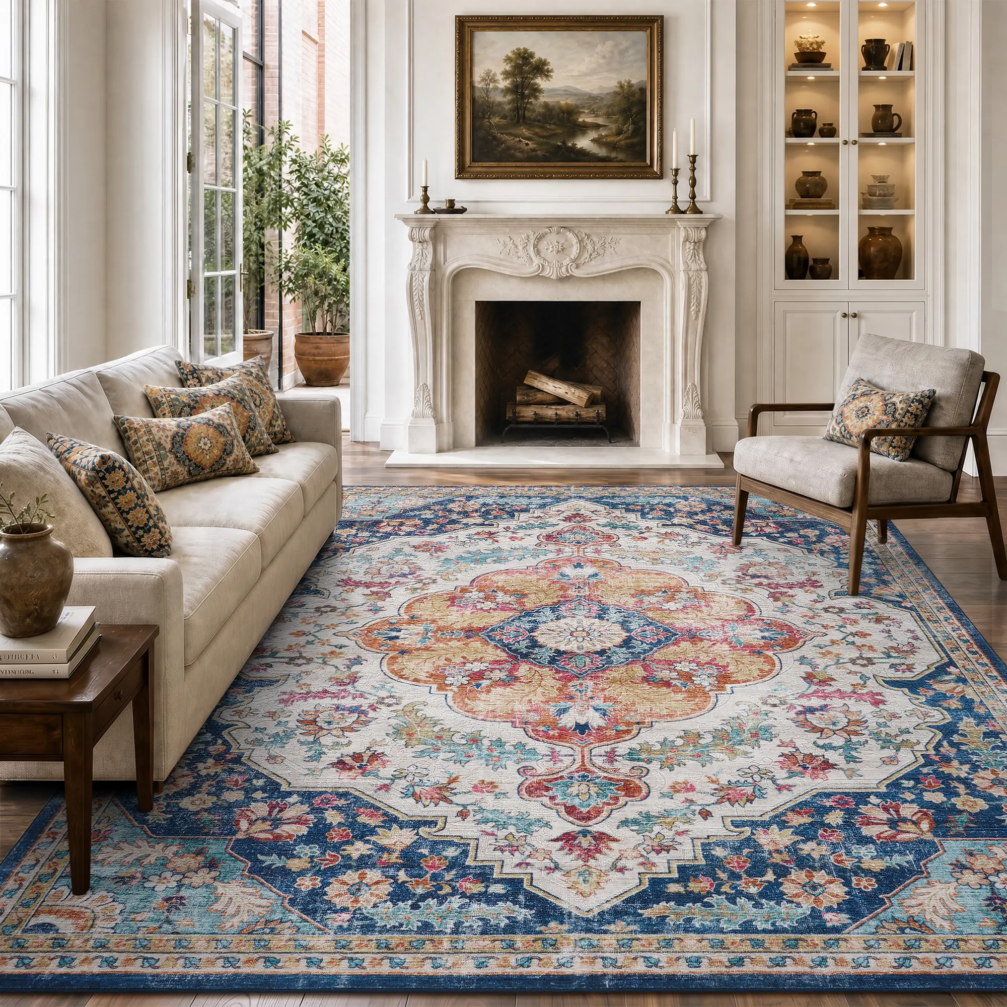 Amoami Vintage Area Rug, Machine-Washable Carpet with Non-Slip TPR Backing, Soft Lightweight Indoor Rug for Living Room, Bedroom, Easy To Maintain Foldable,back to school,dorm essentials,home decor,home essentials