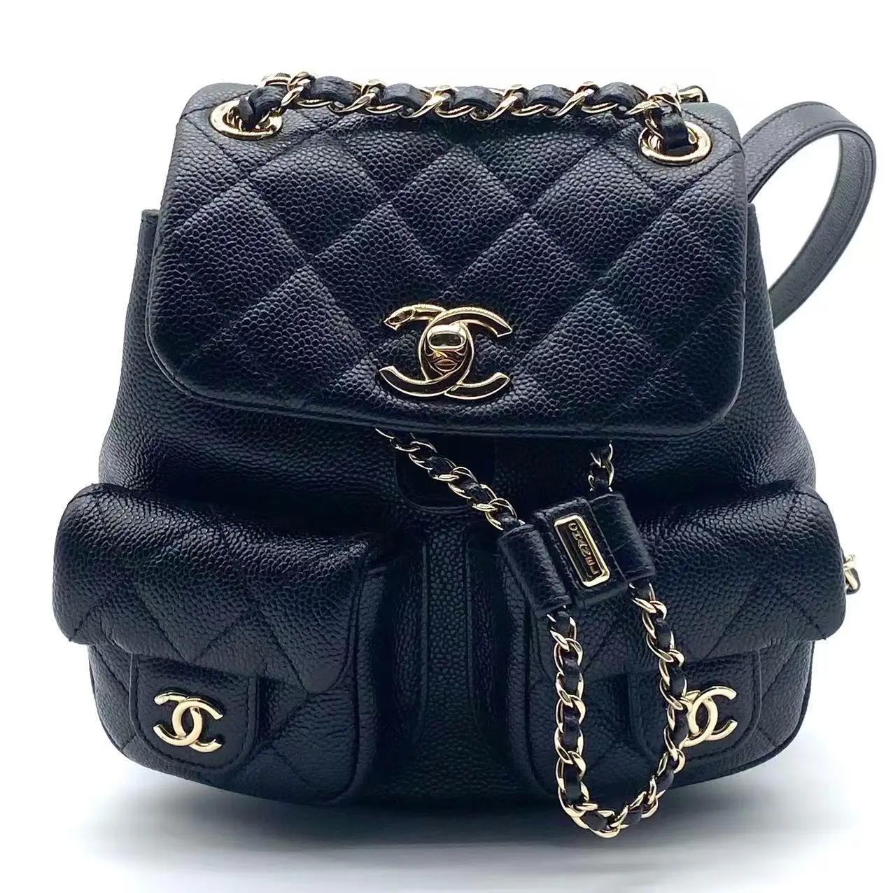 Pre-owned CHANEL leather Backpacks Shiny Caviar Quilted Small Duma Pockets Drawstring Backpack Black