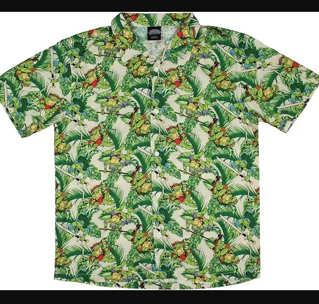 Teenage Mutant Ninja Turtles Men's Hawaiian Foliage Character Design Button-Up Woven Shirt
