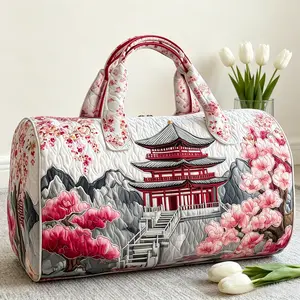 Fashion Cherry Blossom Weekender Bag, Large Capacity Lightweight Stylish Women’s Travel Handbag, Japanese Pagoda Print Floral Quilted Overnight Bag