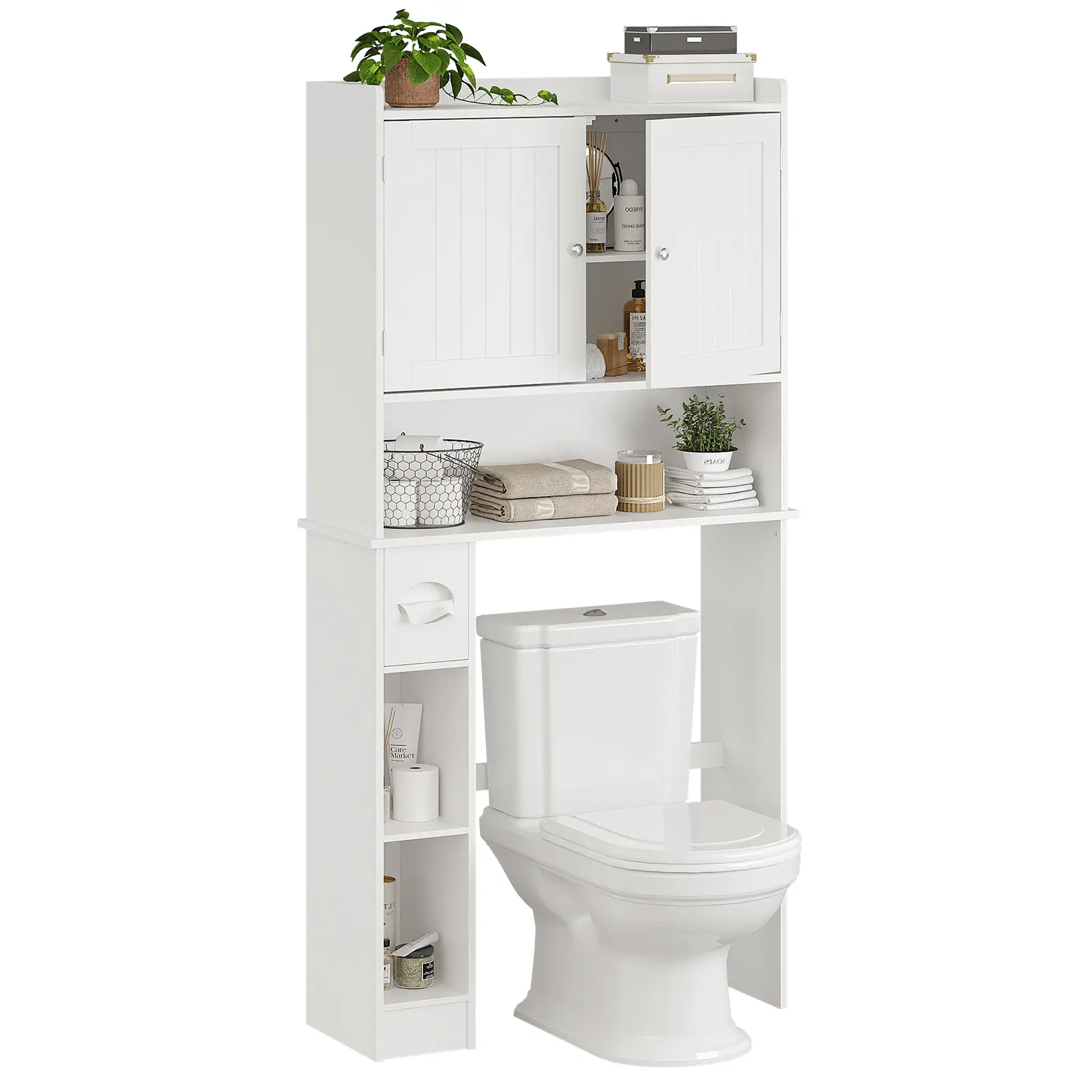 Space-Saving Over-the-Toilet Storage Cabinet – Double Doors, Adjustable Shelves, Freestanding Bathroom Organizer, Farmhouse Style, Toilet Paper Holder, White