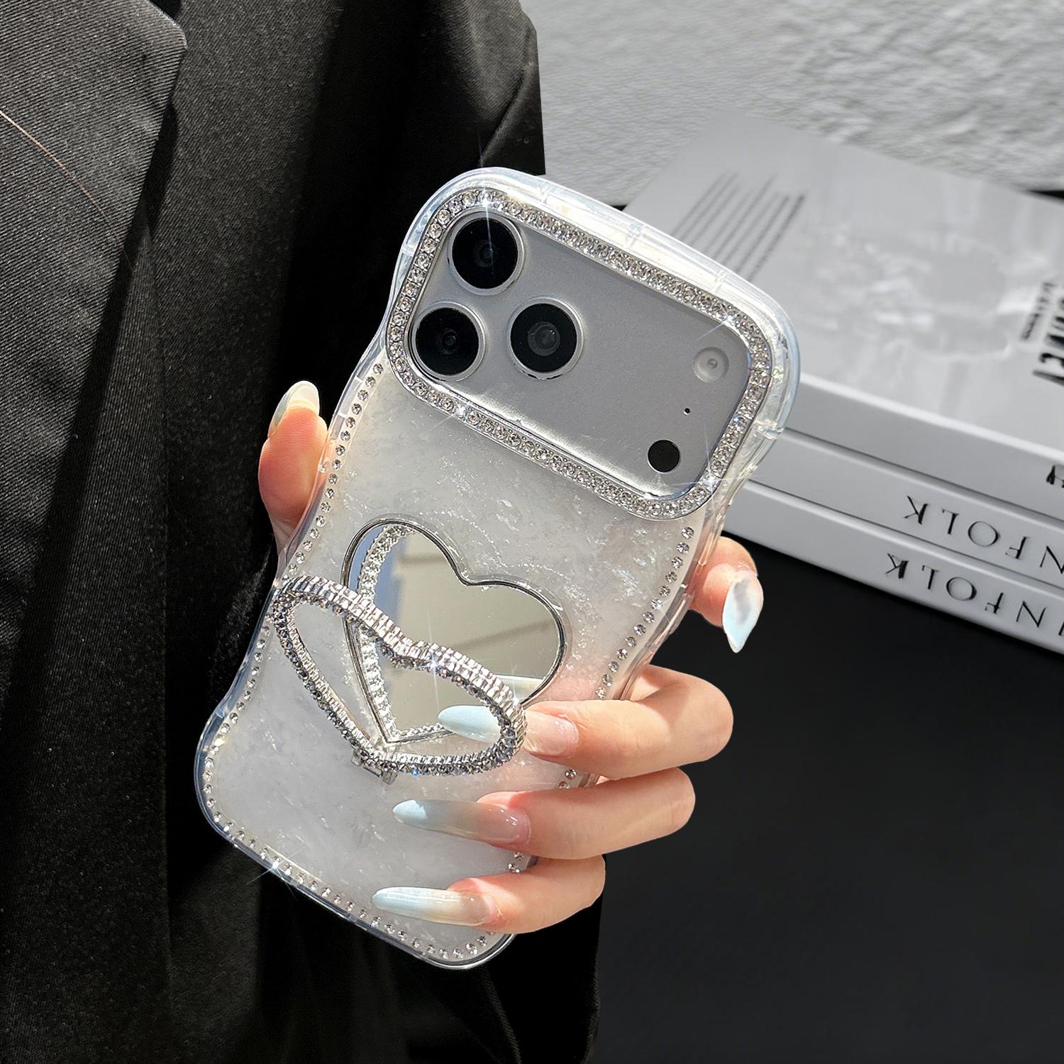Glitter Mirror Case for iPhone 17/16 15 14 13 Pro Max,Cute Luxury Shiny Diamond Heart Makeup Mirror Bling Sparkly Rhinestones Thin Soft Case for Women Girls