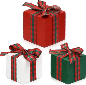 Christmas Tiered Tray Decor Set of 3 Mini Wood Christmas Presents - Buffalo Plaid Design Ornaments Wooden