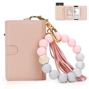 Women's Pop-up Smart Wallet with Beaded Bracelet Slim RFID Blocking Leather Boho Credit Card Holder Purse ID Window Cash Slot Tassel Keychain Perfect Gift