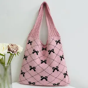 Lightweight Sweet Bow Crochet Tote Coquette Partable Large Capacity Bow Aesthetic Hobo Bag for Women Beach Mesh Knitted Shoulder Bag Boho Shoulder Handbag for Women Girls Beach Travel Daily Use