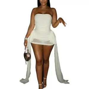 Sexy Off Shoulder Mesh Sheer Y2k Tube Mini Dress for Women Ribbon Bodysuit Party Club Birthday Dresses Date Night Formal Womenswear day elegant sleeveless tube Basic Minimalist Workwear Evening