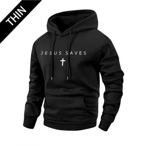 Thin Jesus Saves Hoodie - Black Pullover with Cross Design for Men Menswear Sweatshirts