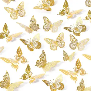 3D Butterfly Wall Decor – 48 Gold Removable Stickers in 4 Styles & 3 Sizes for Party, Birthday & Home Decorations