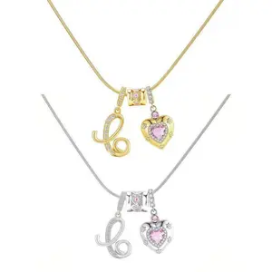 Dopamine Princess Elegant Sweet Style Zircon Heart and 26 Initial Letter Pendants DIY Stackable Necklace, Heart Design Necklace, Perfect Gift for Girls & Women